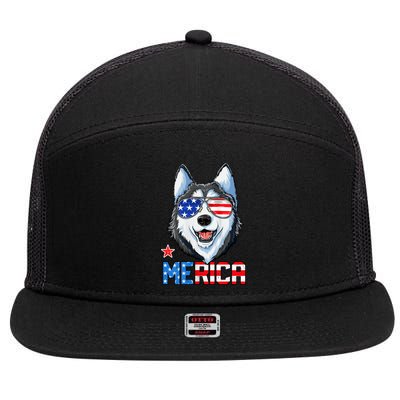 Siberian Husky 4th Of July Gifts Merica American Flag 7 Panel Mesh Trucker Snapback Hat