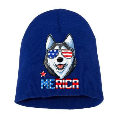 Siberian Husky 4th Of July Gifts Merica American Flag Short Acrylic Beanie