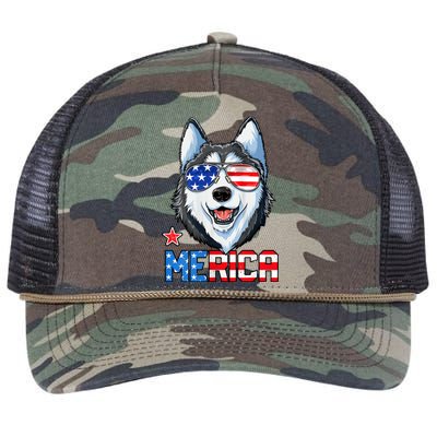 Siberian Husky 4th Of July Gifts Merica American Flag Retro Rope Trucker Hat Cap