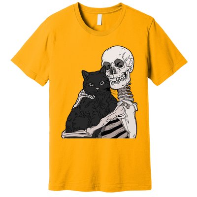 Skeleton Holding A Cat Lazy Halloween Costume Skull Premium T-Shirt