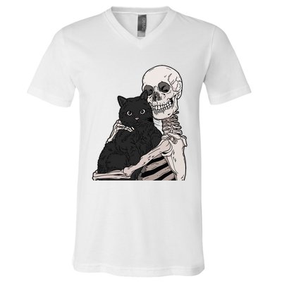 Skeleton Holding A Cat Lazy Halloween Costume Skull V-Neck T-Shirt