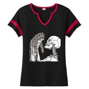 Skeleton Holding A Cat Lazy Halloween Costume Skull Ladies Halftime Notch Neck Tee