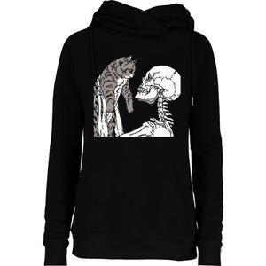 Skeleton Holding A Cat Lazy Halloween Costume Skull Womens Funnel Neck Pullover Hood