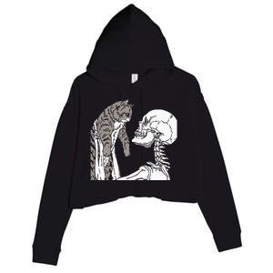 Skeleton Holding A Cat Lazy Halloween Costume Skull Crop Fleece Hoodie