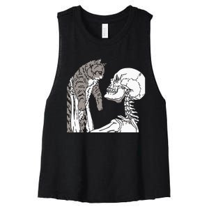 Skeleton Holding A Cat Lazy Halloween Costume Skull Women's Racerback Cropped Tank