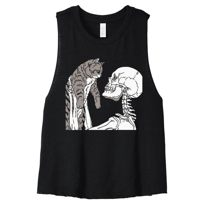 Skeleton Holding A Cat Lazy Halloween Costume Skull Women's Racerback Cropped Tank