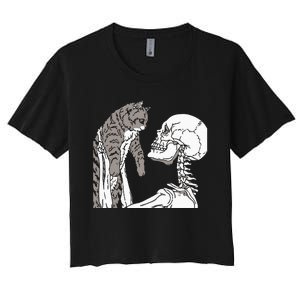 Skeleton Holding A Cat Lazy Halloween Costume Skull Women's Crop Top Tee