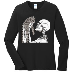 Skeleton Holding A Cat Lazy Halloween Costume Skull Ladies Long Sleeve Shirt