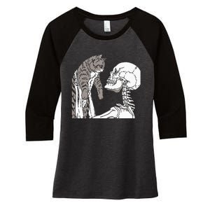 Skeleton Holding A Cat Lazy Halloween Costume Skull Women's Tri-Blend 3/4-Sleeve Raglan Shirt