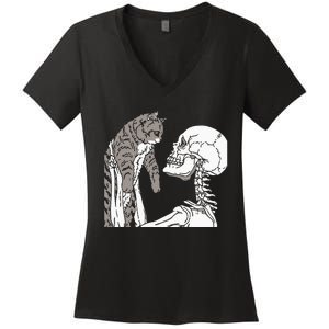 Skeleton Holding A Cat Lazy Halloween Costume Skull Women's V-Neck T-Shirt