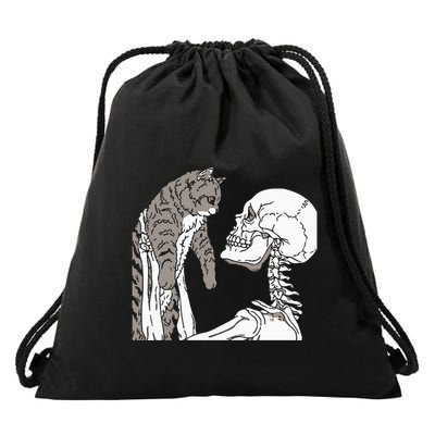 Skeleton Holding A Cat Lazy Halloween Costume Skull Drawstring Bag