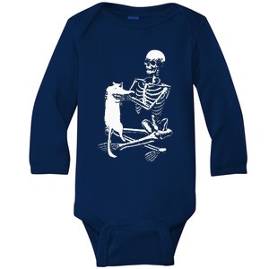 Skeleton Holding A Cat Lazy Halloween Costume Skull Baby Long Sleeve Bodysuit