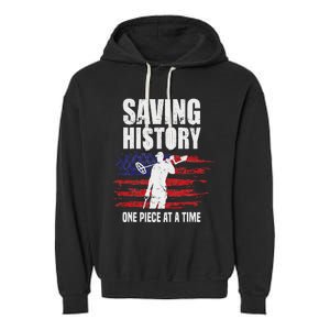 Saving History American Flag Usa Funny Metal Detecting Garment-Dyed Fleece Hoodie