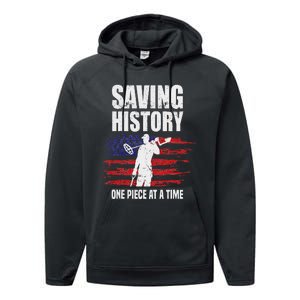 Saving History American Flag Usa Funny Metal Detecting Performance Fleece Hoodie