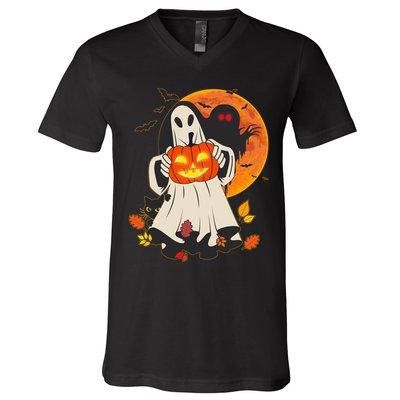 Spooky Halloween Autumn Ghost Jackolantern V-Neck T-Shirt
