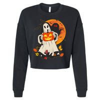 Spooky Halloween Autumn Ghost Jackolantern Cropped Pullover Crew