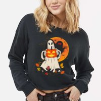 Spooky Halloween Autumn Ghost Jackolantern Cropped Pullover Crew