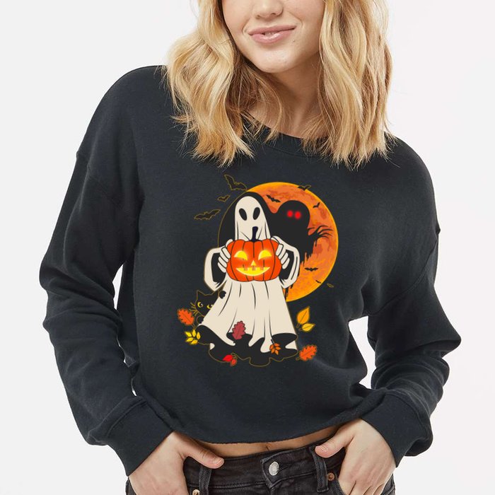 Spooky Halloween Autumn Ghost Jackolantern Cropped Pullover Crew