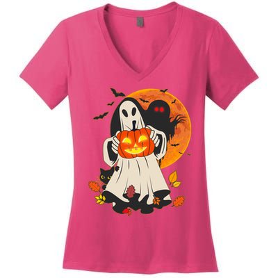 Spooky Halloween Autumn Ghost Jackolantern Women's V-Neck T-Shirt
