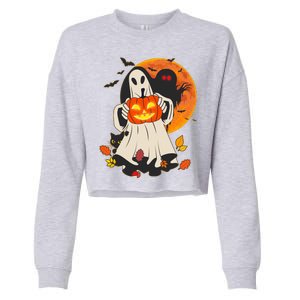 Spooky Halloween Autumn Ghost Jackolantern Cropped Pullover Crew