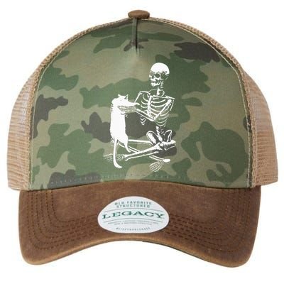 Skeleton Holding A Cat Lazy Halloween Costume Skull Legacy Tie Dye Trucker Hat