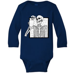 Skeleton Holding A Coffee Cup Crazy Funny Humor Graphic Great Gift Baby Long Sleeve Bodysuit