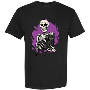 Skeleton Holding A Black Cat Lazy Halloween Costume Skull Garment-Dyed Heavyweight T-Shirt