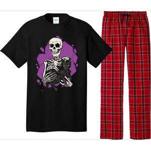 Skeleton Holding A Black Cat Lazy Halloween Costume Skull Pajama Set