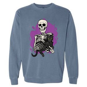 Skeleton Holding A Black Cat Lazy Halloween Costume Skull Garment-Dyed Sweatshirt