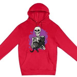 Skeleton Holding A Black Cat Lazy Halloween Costume Skull Premium Pullover Hoodie