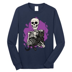 Skeleton Holding A Black Cat Lazy Halloween Costume Skull Long Sleeve Shirt