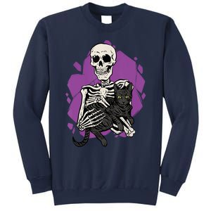 Skeleton Holding A Black Cat Lazy Halloween Costume Skull Sweatshirt