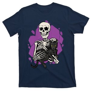 Skeleton Holding A Black Cat Lazy Halloween Costume Skull T-Shirt