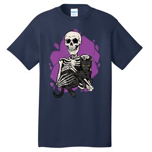 Skeleton Holding A Black Cat Lazy Halloween Costume Skull Tall T-Shirt