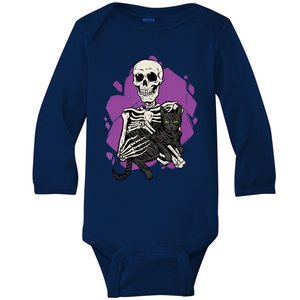 Skeleton Holding A Black Cat Lazy Halloween Costume Skull Baby Long Sleeve Bodysuit