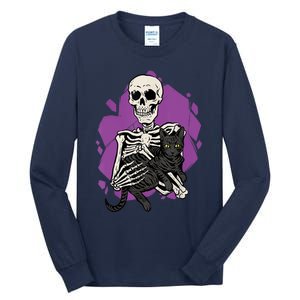 Skeleton Holding A Black Cat Lazy Halloween Costume Skull Tall Long Sleeve T-Shirt