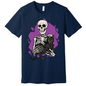 Skeleton Holding A Black Cat Lazy Halloween Costume Skull Premium T-Shirt