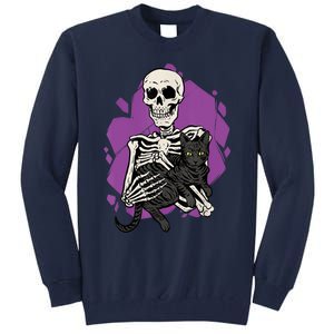 Skeleton Holding A Black Cat Lazy Halloween Costume Skull Tall Sweatshirt