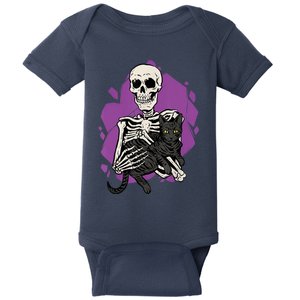 Skeleton Holding A Black Cat Lazy Halloween Costume Skull Baby Bodysuit