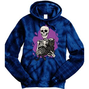 Skeleton Holding A Black Cat Lazy Halloween Costume Skull Tie Dye Hoodie