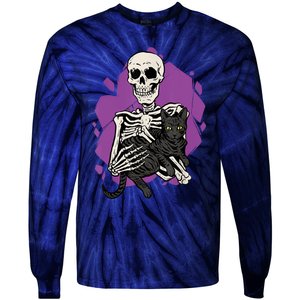 Skeleton Holding A Black Cat Lazy Halloween Costume Skull Tie-Dye Long Sleeve Shirt