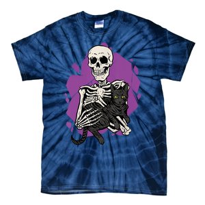 Skeleton Holding A Black Cat Lazy Halloween Costume Skull Tie-Dye T-Shirt