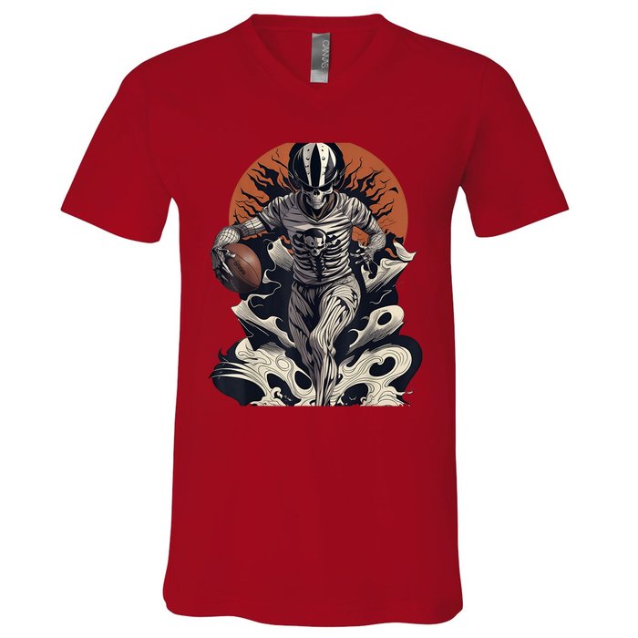 Skeleton Holding American Football Halloween V-Neck T-Shirt