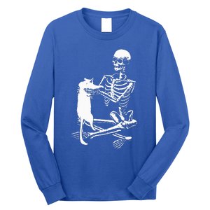 Skeleton Holding A Cat Lazy Halloween Costume Skull Long Sleeve Shirt