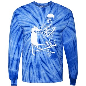 Skeleton Holding A Cat Lazy Halloween Costume Skull Tie-Dye Long Sleeve Shirt