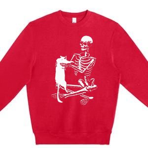 Skeleton Holding A Cat Lazy Halloween Costume Skull Premium Crewneck Sweatshirt