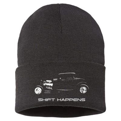 Shift Happens Automotive Nostalgia Vintage Hotrod Car Sustainable Knit Beanie