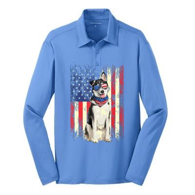 Siberian Husky American Flag 4th Of July Patriotic Dog Lover Silk Touch Performance Long Sleeve Polo