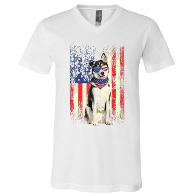 Siberian Husky American Flag 4th Of July Patriotic Dog Lover V-Neck T-Shirt