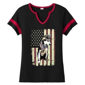 Siberian Husky American Flag Bandana 4th Of July Gift Ladies Halftime Notch Neck Tee